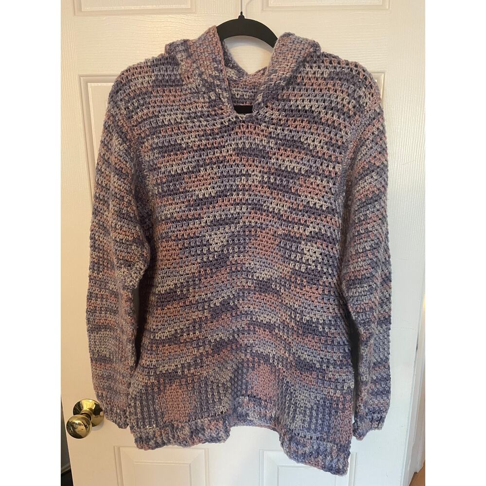 Handmade Knit Sweater Hooded Granite Stitch Purple and Pink Estimated Size L